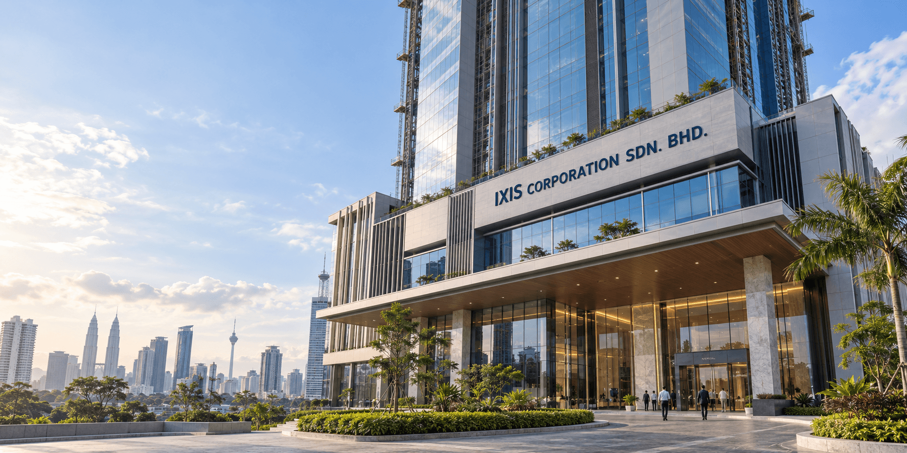 Modern high-rise building with IXIS Corporation signage